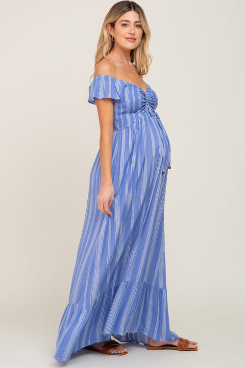 PinkBlush Women's Blue Striped Off Shoulder Front Tie Maternity Maxi Dress