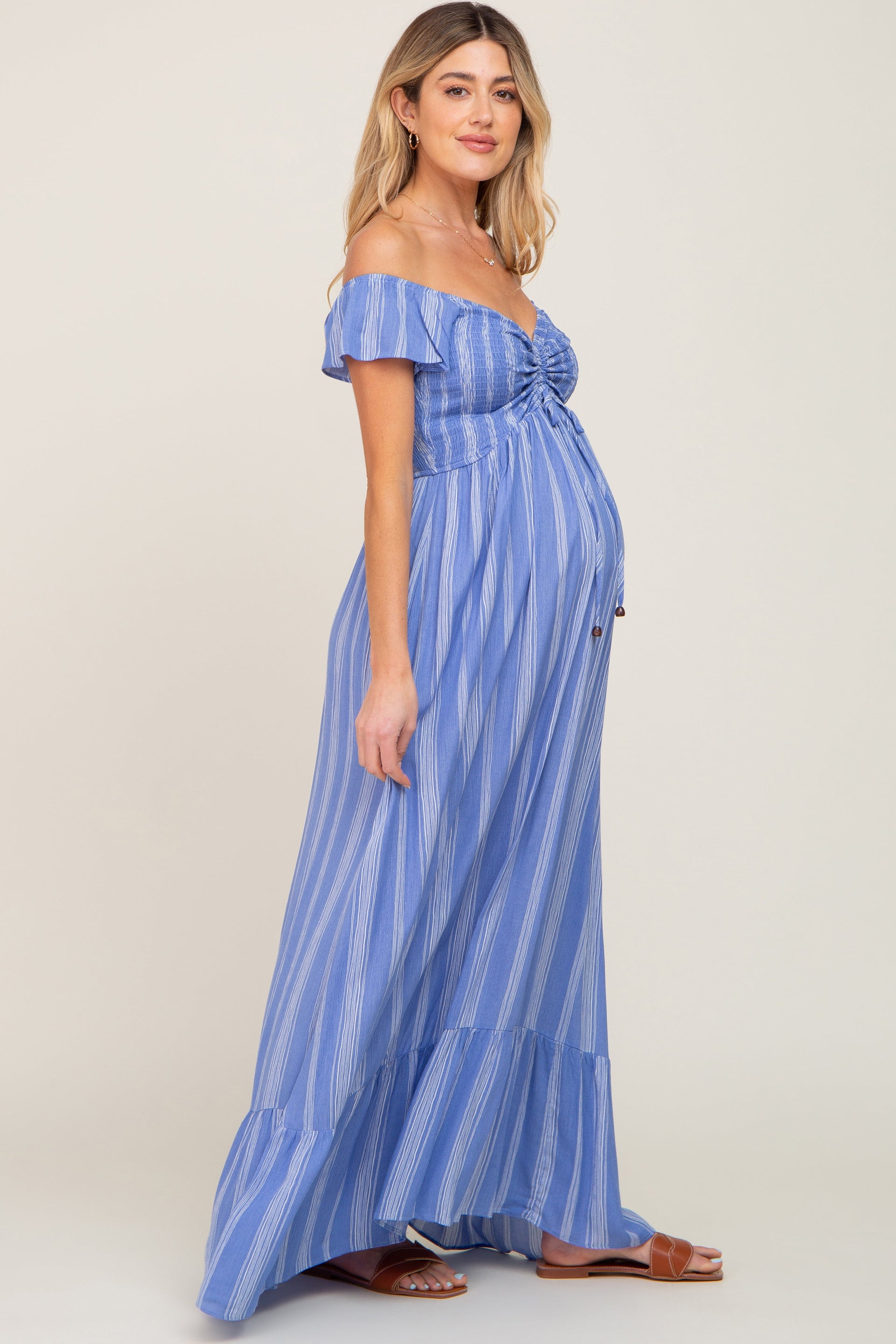 PinkBlush Women's Blue Striped Off Shoulder Front Tie Maternity Maxi Dress