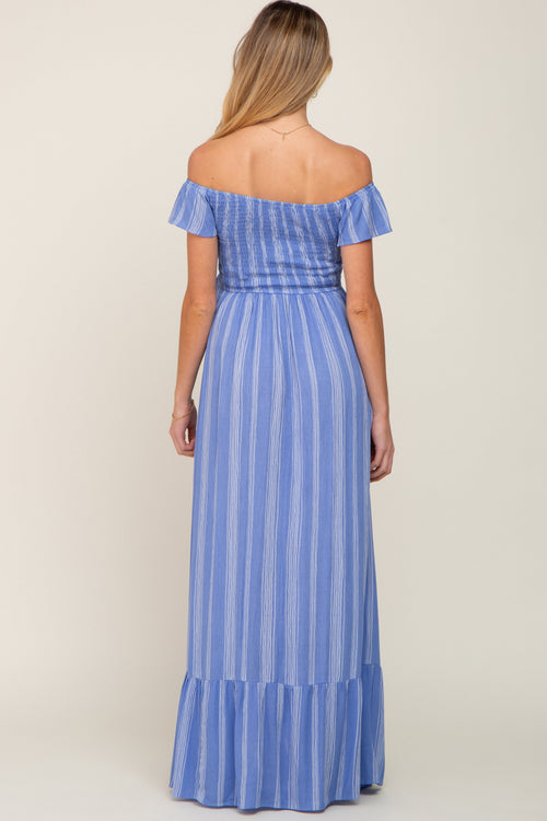 PinkBlush Women's Blue Striped Off Shoulder Front Tie Maternity Maxi Dress