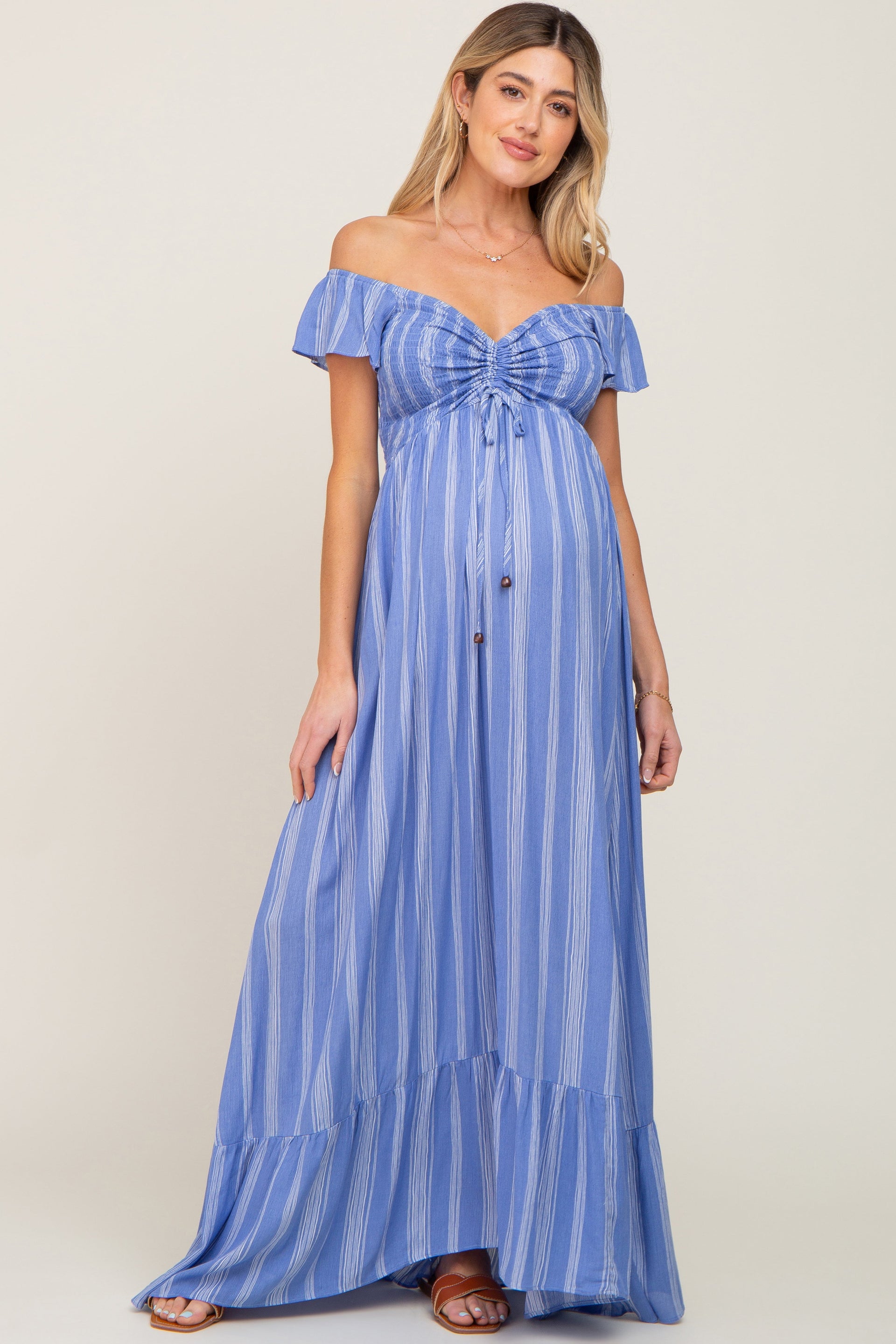 PinkBlush Women's Blue Striped Off Shoulder Front Tie Maternity Maxi Dress