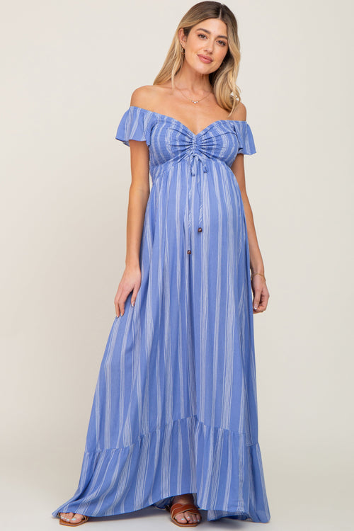 PinkBlush Women's Blue Striped Off Shoulder Front Tie Maternity Maxi Dress