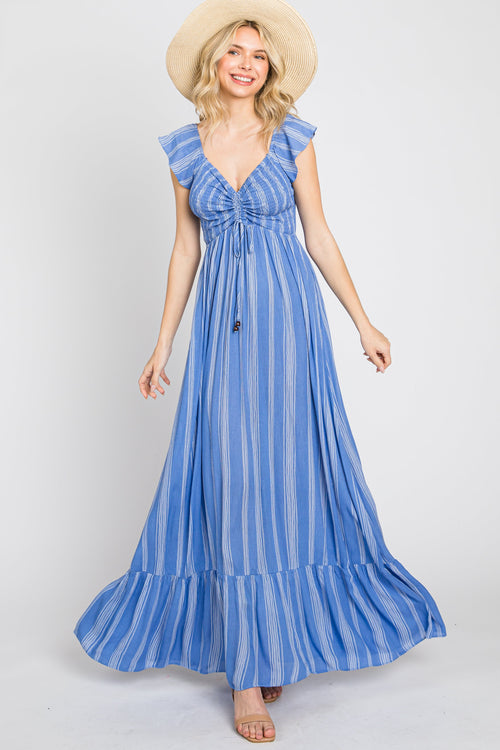 PinkBlush Women's Blue Striped Off Shoulder Front Tie Maternity Maxi Dress