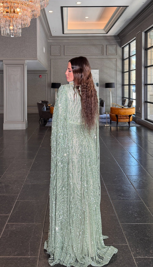 Nilah Modest A-Line Embellished Cape Sleeve Dress
