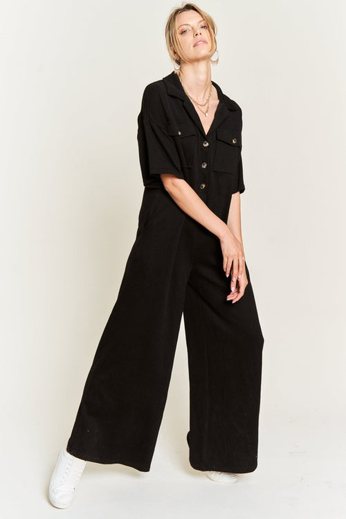 Jade by Jane Women's Basic Collar Shirt Wide Leg Jumpsuit
