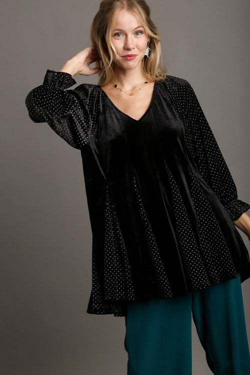 Umgee Women's Black Godet Hem Polka Dot V-Neck Babydoll Blouse