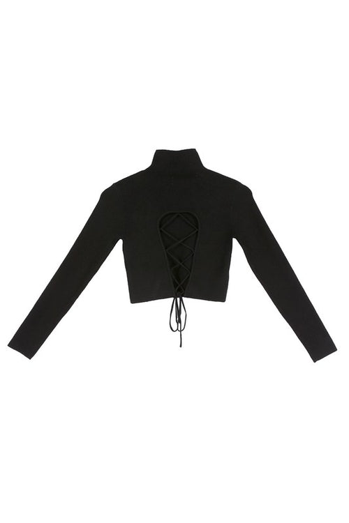 LILOU Black Long Sleeves Mock Neck Lace-up Open Back Top