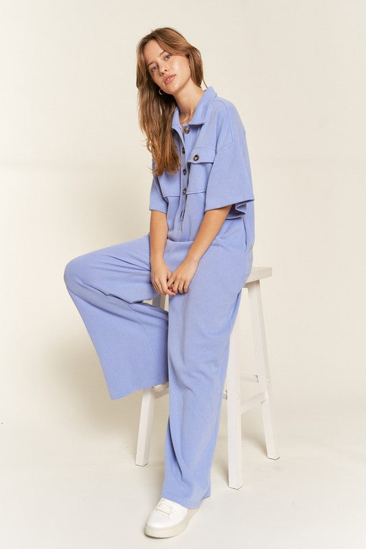 Jade by Jane Women's Basic Collar Shirt Wide Leg Jumpsuit