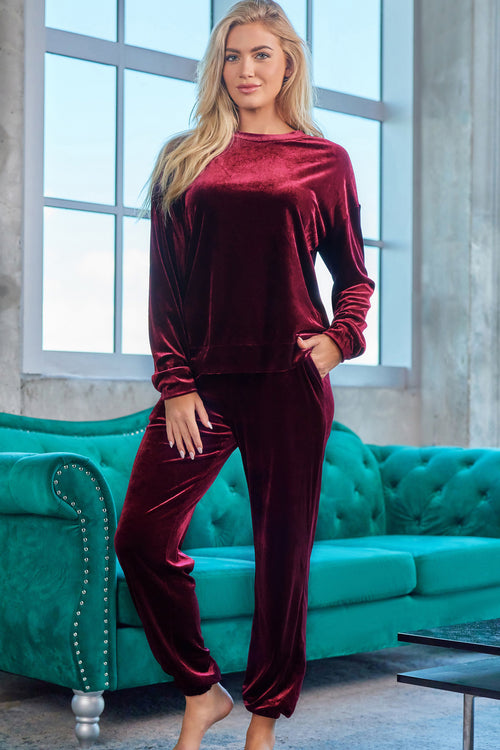 SYNZ Red Velvet Long Sleeve Top and Pants Lounge Set