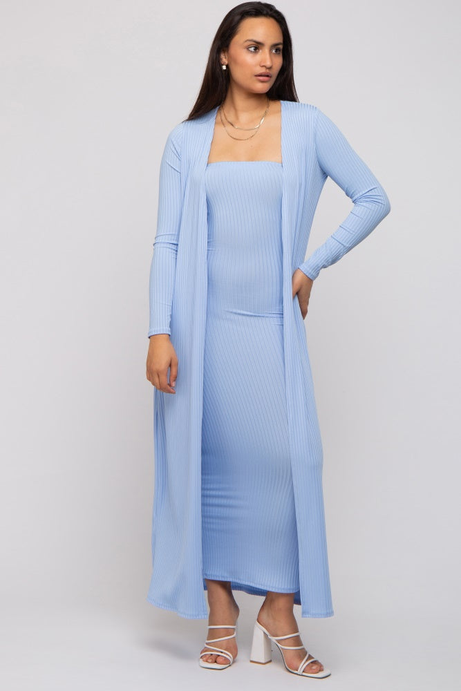 PinkBlush Women's Light Blue Ribbed Sleeveless Dress Cardigan Set