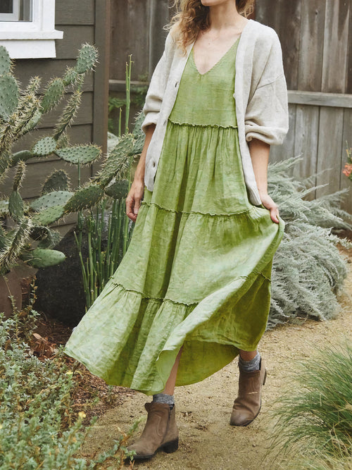 Green Tiered Boho V-Neck Sleeveless Dress