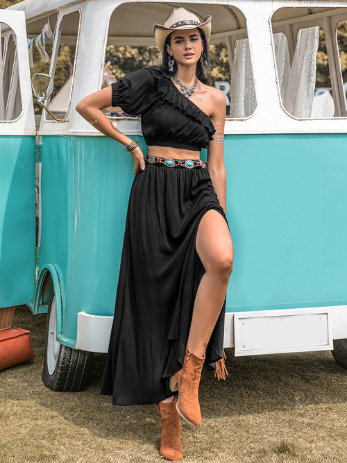 H.R.Z. Ruffled Single Shoulder Western-Boho Top and Slit Skirt Set