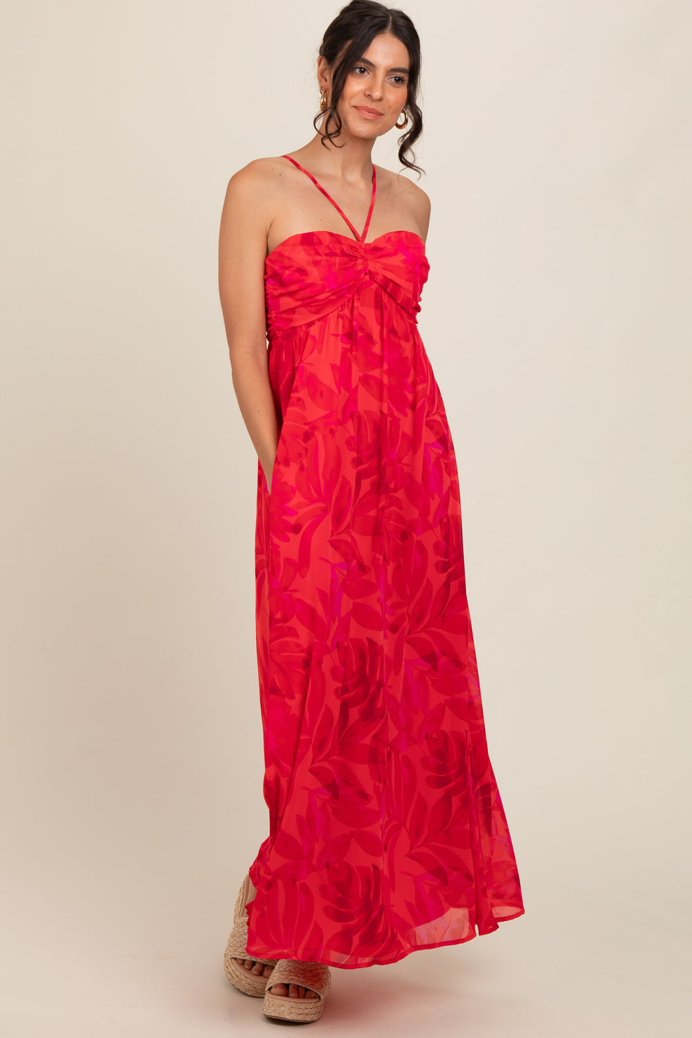 PinkBlush Women's Red Tonal Floral Halter Maxi Dress