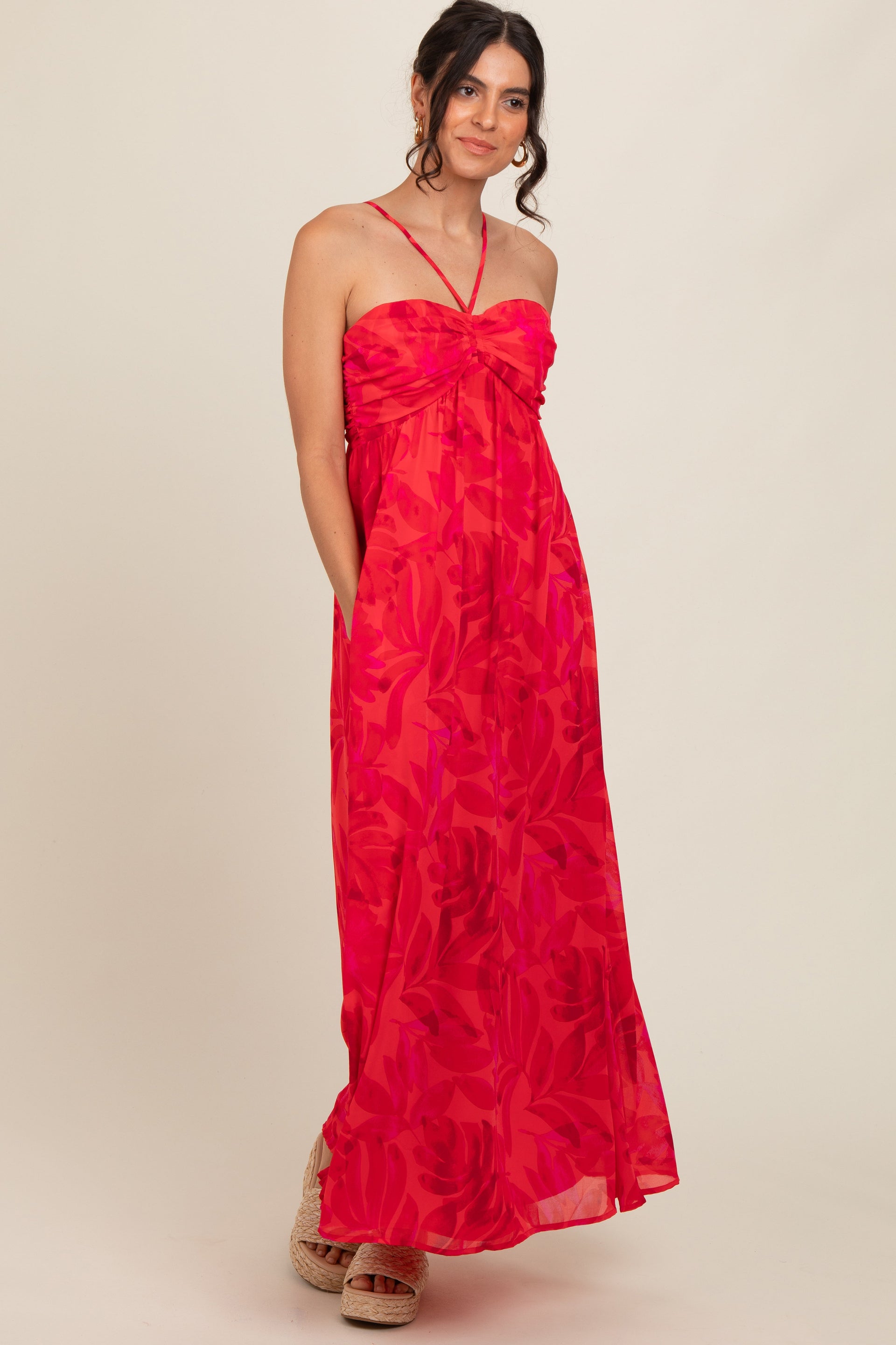 PinkBlush Women's Red Tonal Floral Halter Maxi Dress