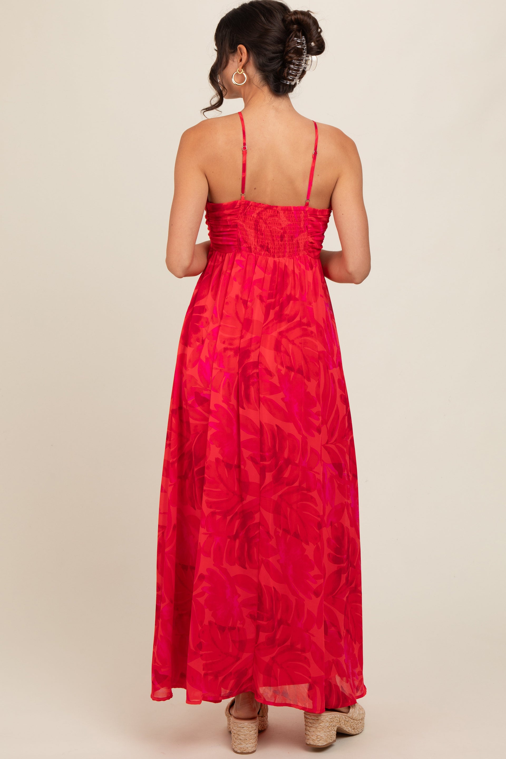 PinkBlush Women's Red Tonal Floral Halter Maxi Dress
