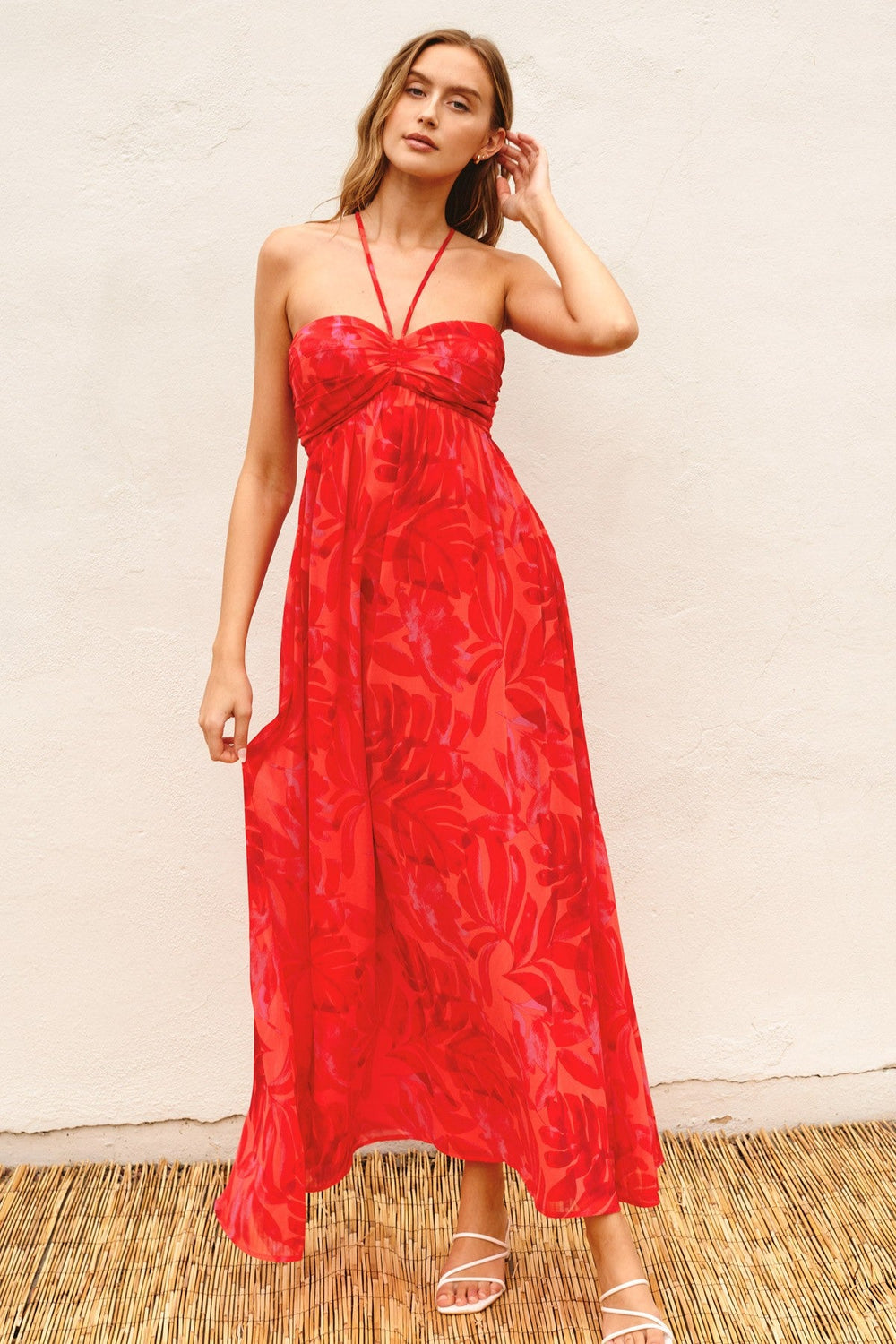 PinkBlush Women's Red Tonal Floral Halter Maxi Dress