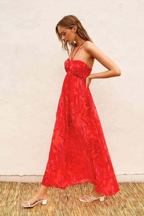 PinkBlush Women's Red Tonal Floral Halter Maxi Dress