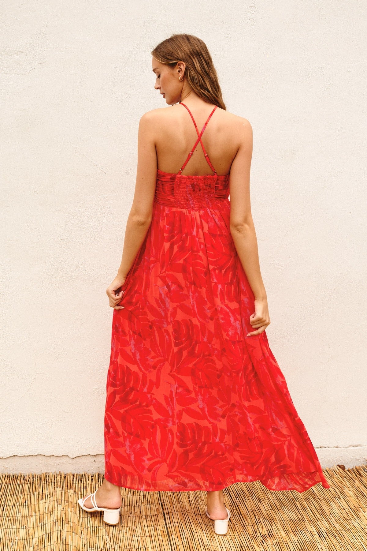 PinkBlush Women's Red Tonal Floral Halter Maxi Dress