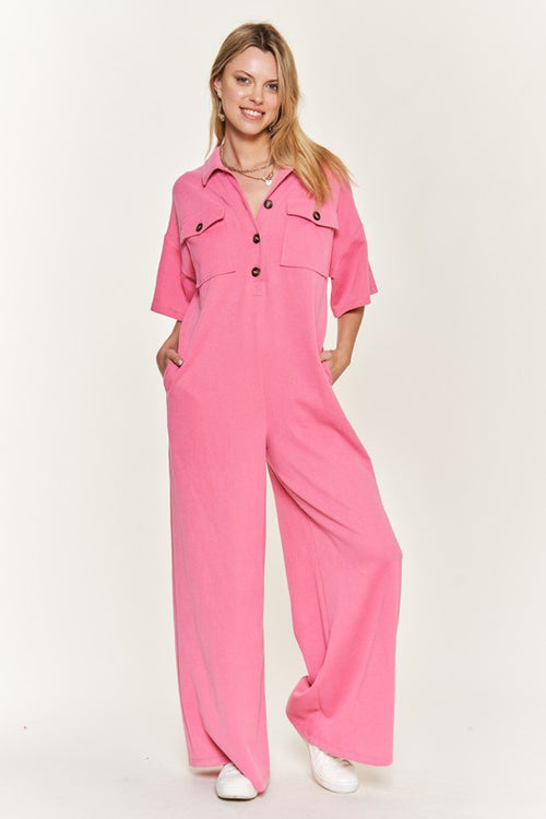 Jade by Jane Women's Basic Collar Shirt Wide Leg Jumpsuit