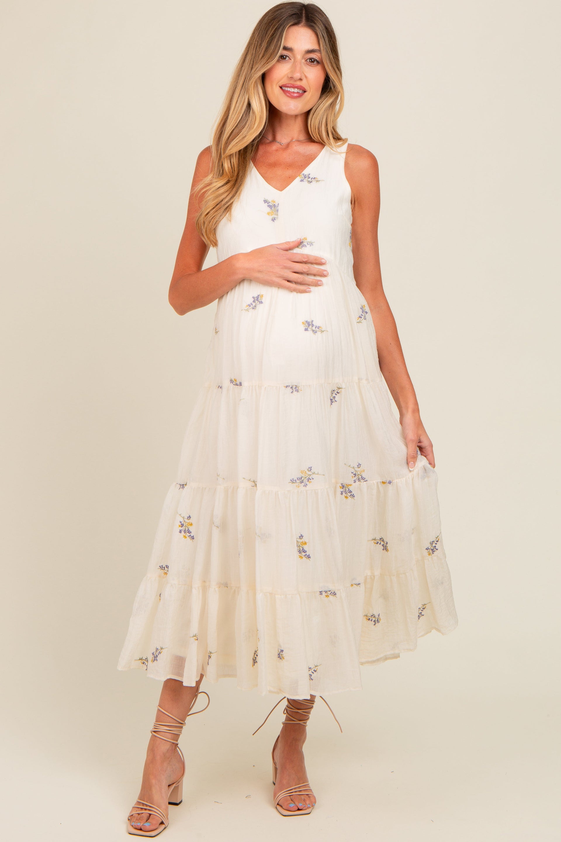 Lavender Ditsy Floral Embroidered V Neck Tiered Maternity Dress