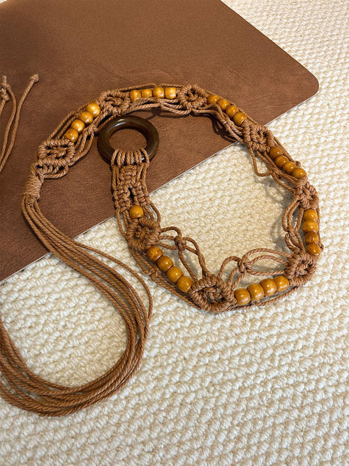 Bohemian Hand-Woven Waxed Cord Waist Rope With Wood Beads