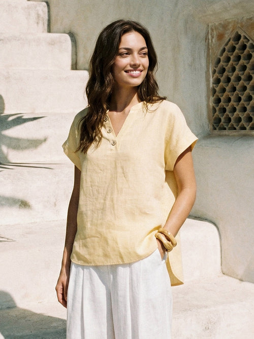 100% Linen Stand-Collar Curved-Hem Top CRESSA