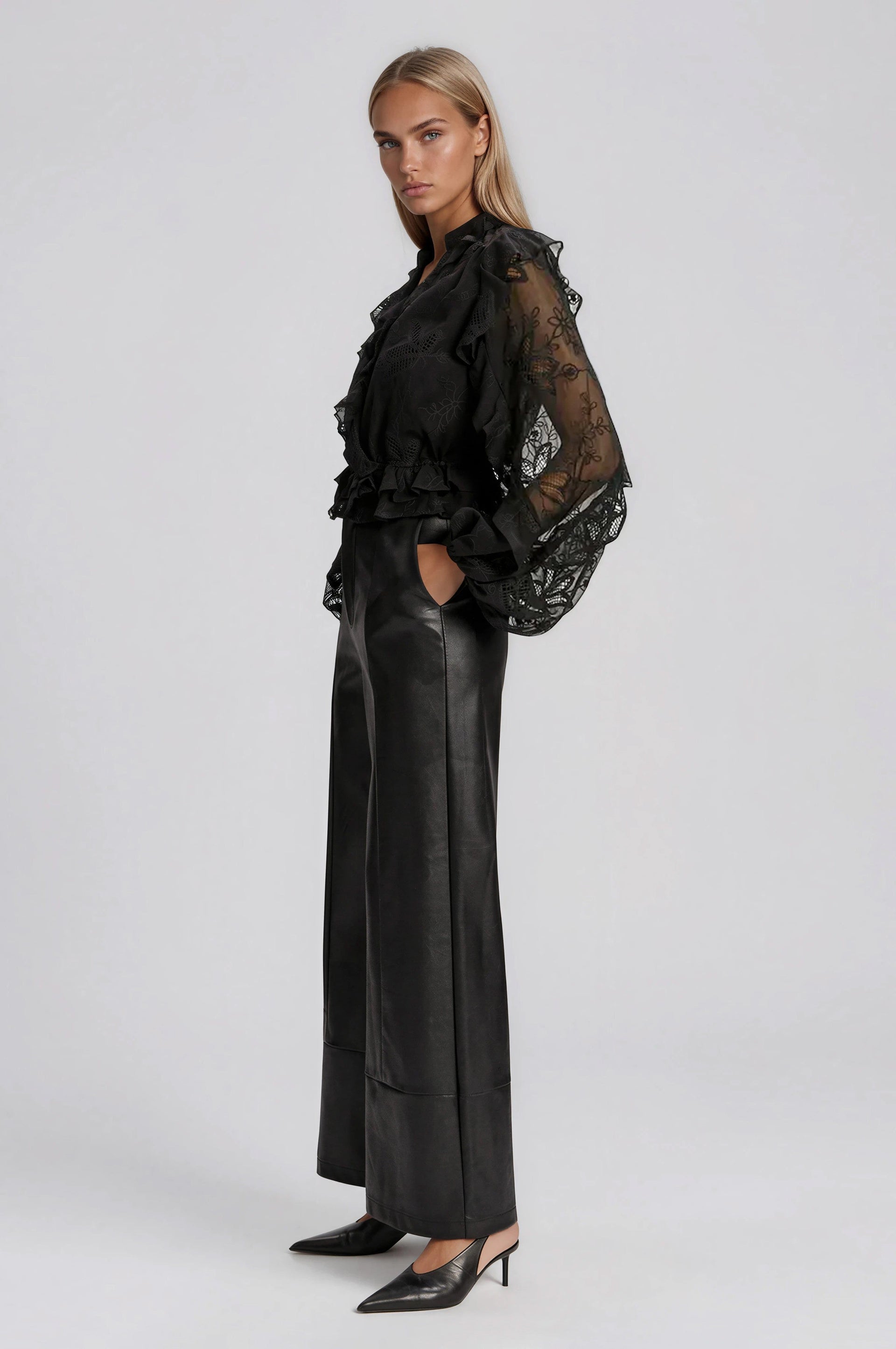 Frill Embroidered Blouse – Black (Final Sale)