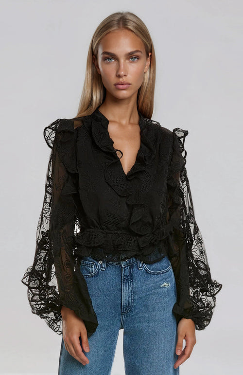Frill Embroidered Blouse – Black (Final Sale)