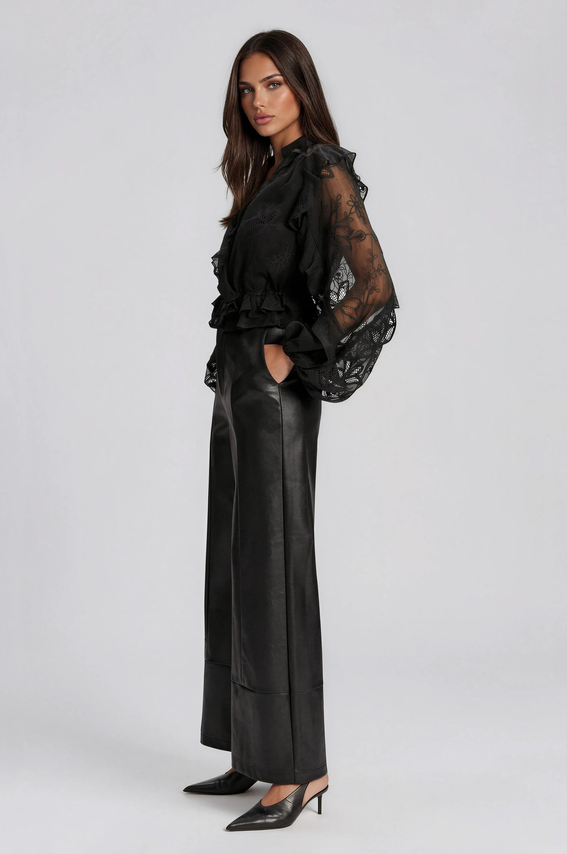 Frill Embroidered Blouse – Black (Final Sale)