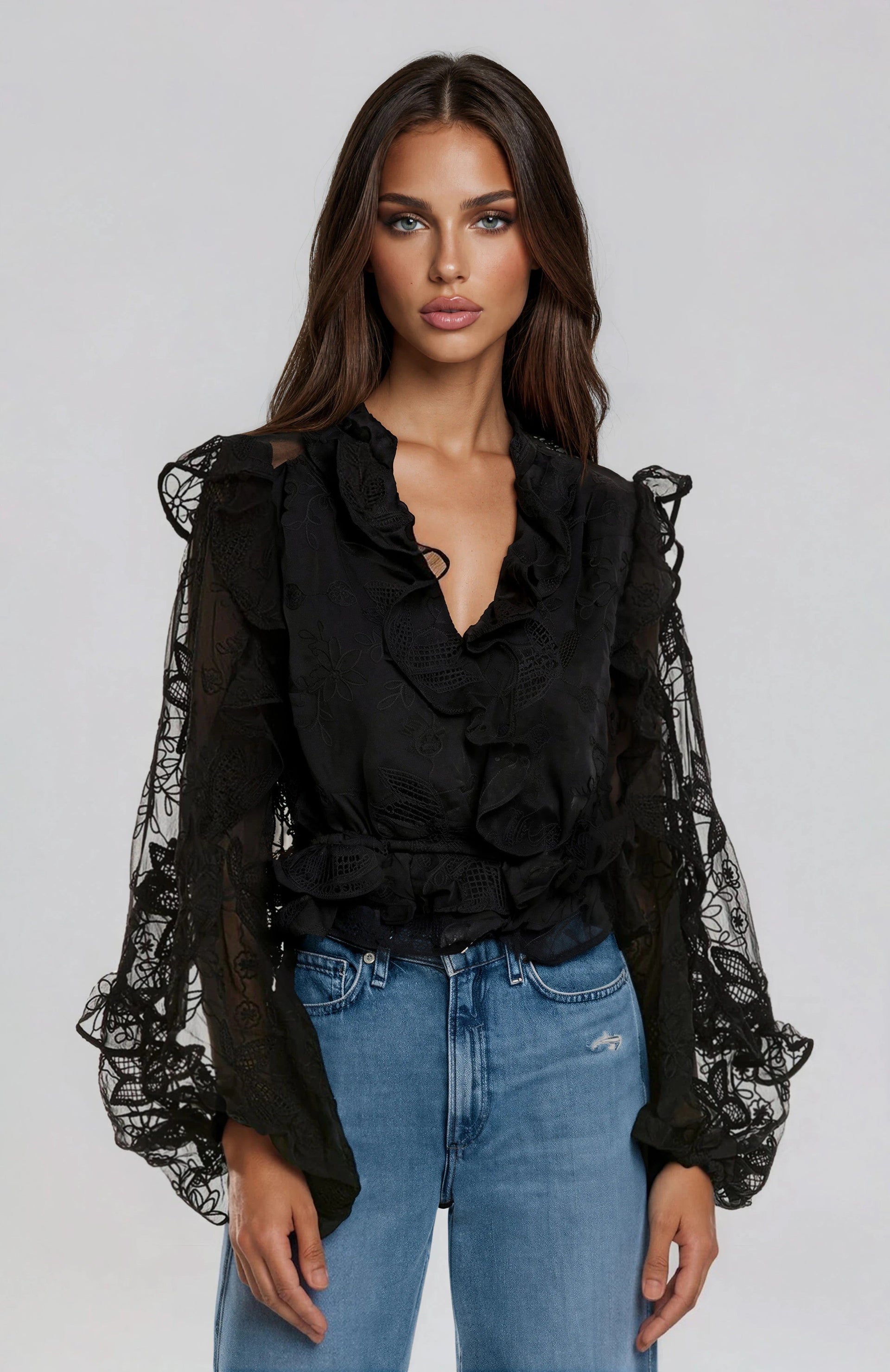 Frill Embroidered Blouse – Black (Final Sale)