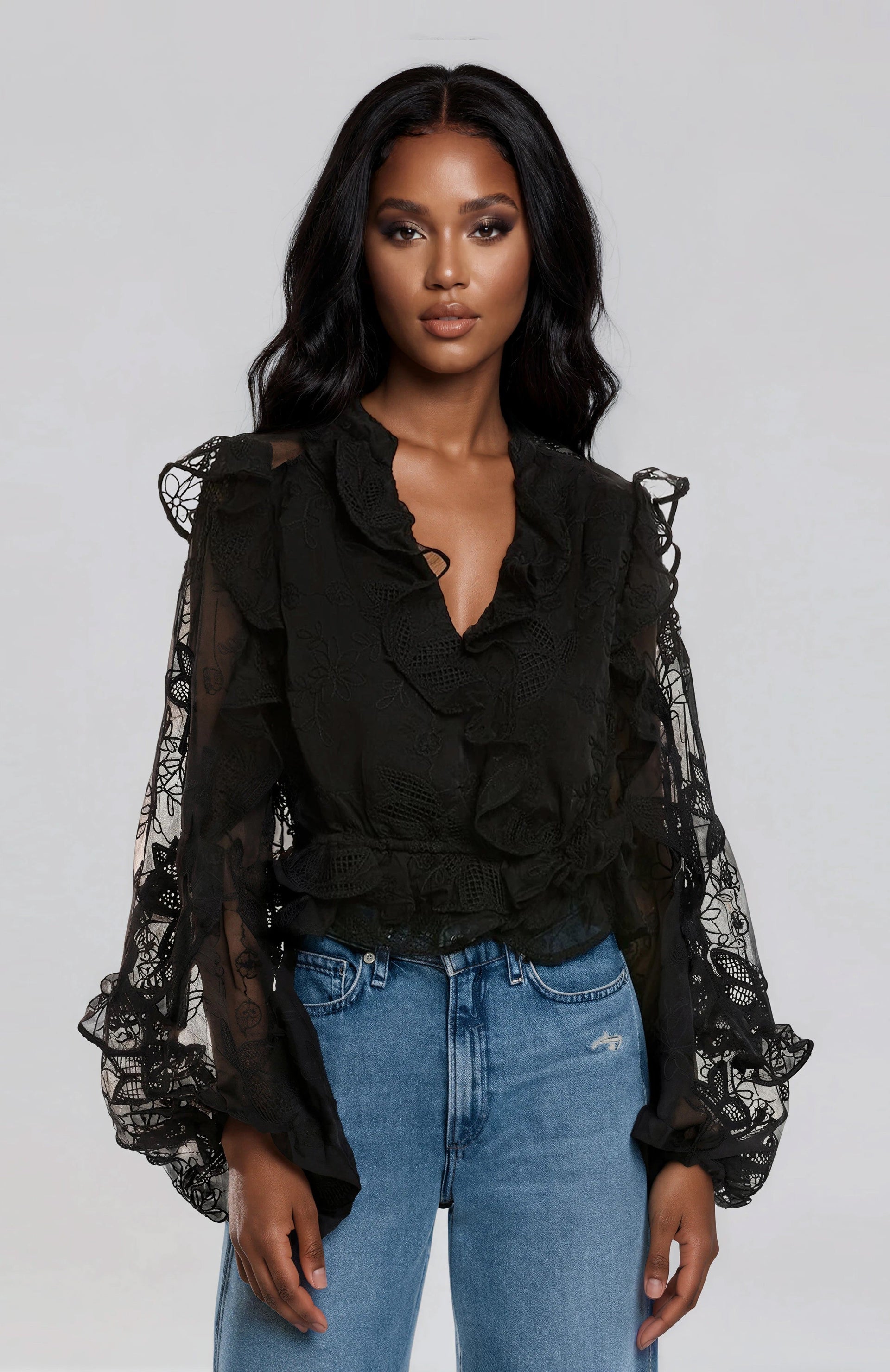 Frill Embroidered Blouse – Black (Final Sale)