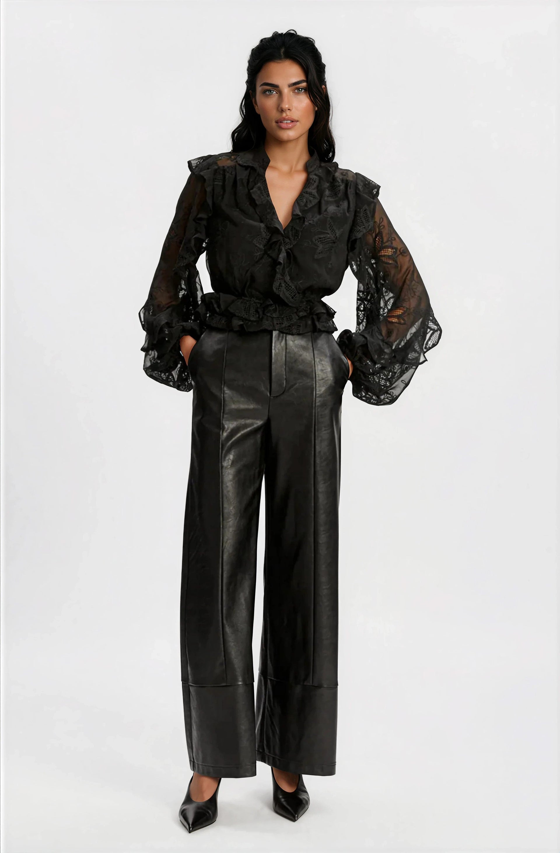 Frill Embroidered Blouse – Black (Final Sale)