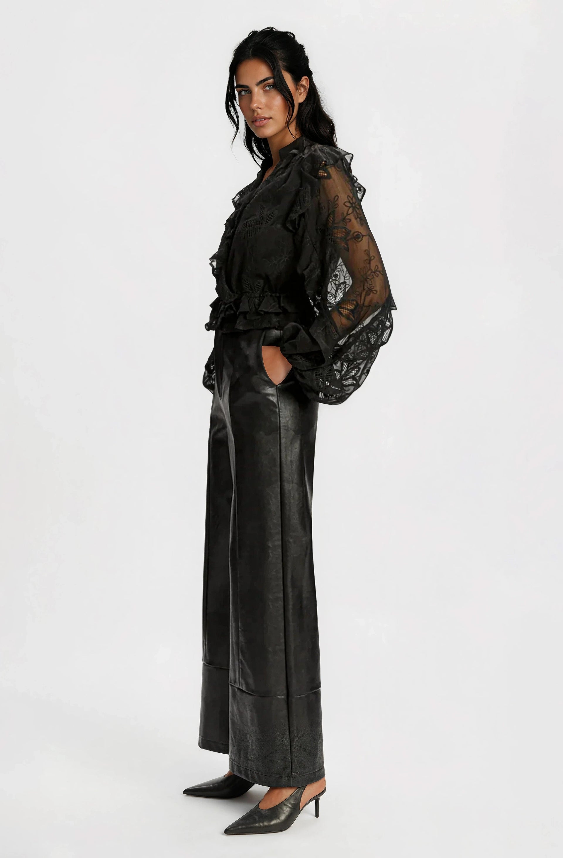 Frill Embroidered Blouse – Black (Final Sale)