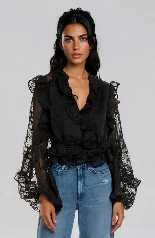 Frill Embroidered Blouse – Black (Final Sale)