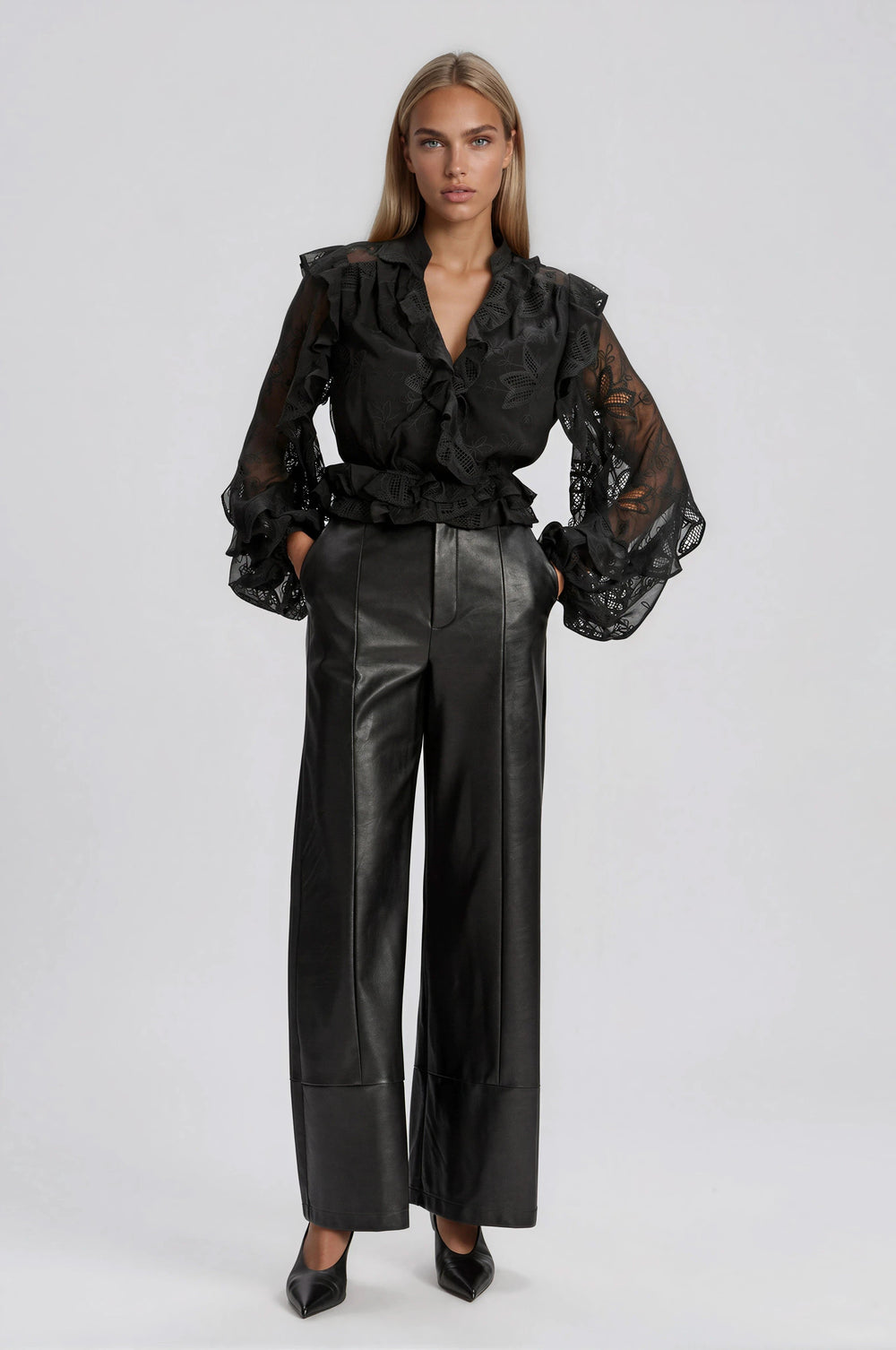 Frill Embroidered Blouse – Black (Final Sale)