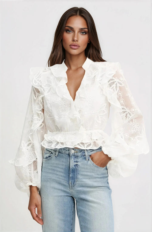 Frill Embroidered Blouse – Orchid White (Final Sale)
