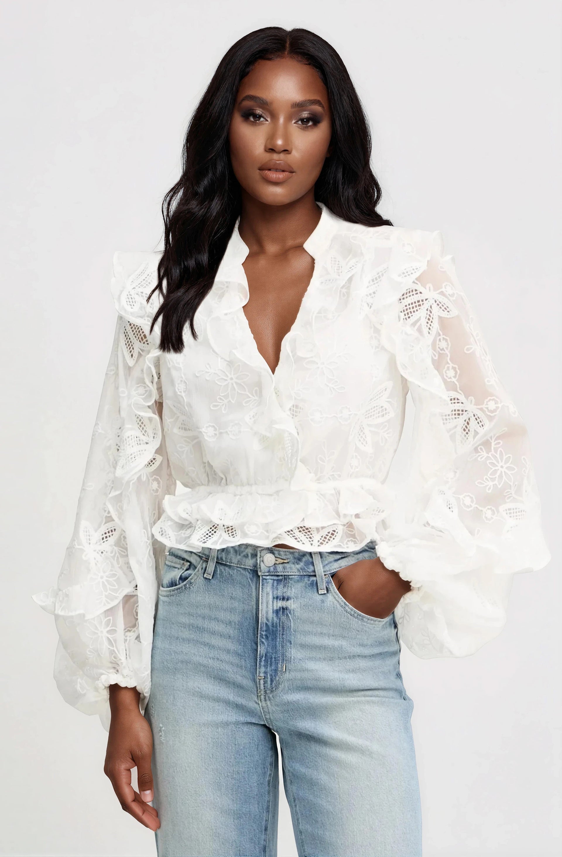 Frill Embroidered Blouse – Orchid White (Final Sale)