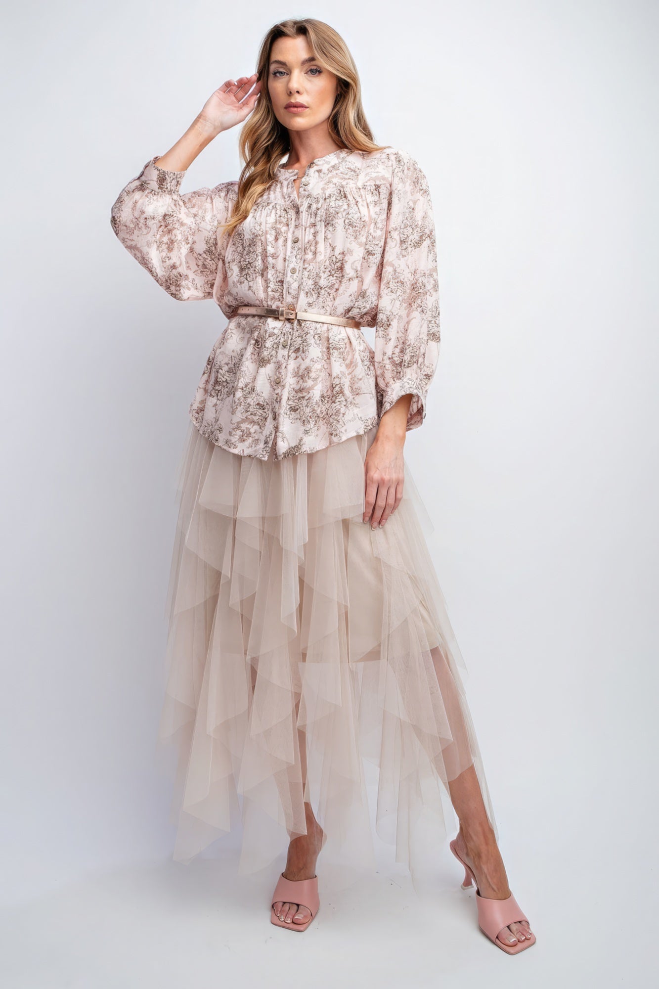 Women's 3/4 Sleeves Blush Floral Crepe Button Down Printed Blouse