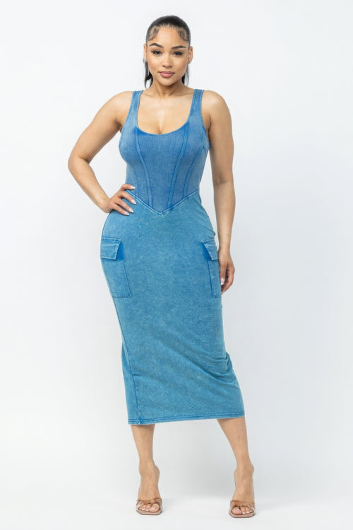 Women's Acid Washed Cargo Midi Summer Fitted Dress