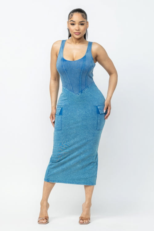 Women's Acid Washed Cargo Midi Summer Fitted Dress