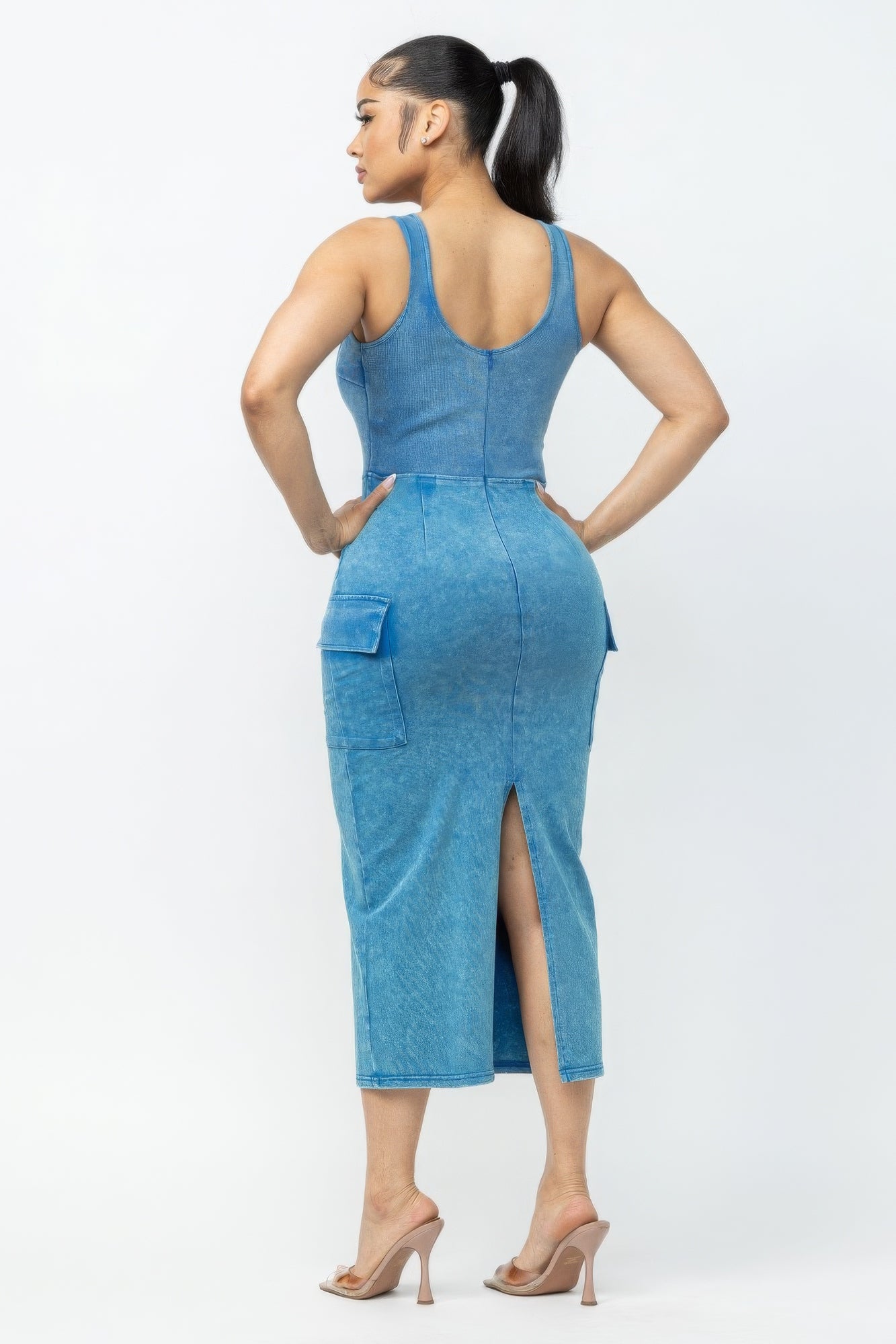 Women's Acid Washed Cargo Midi Summer Fitted Dress