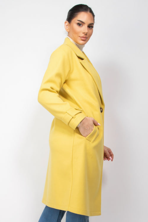Classic Woven Collar Pocketed Coat in Color Citron