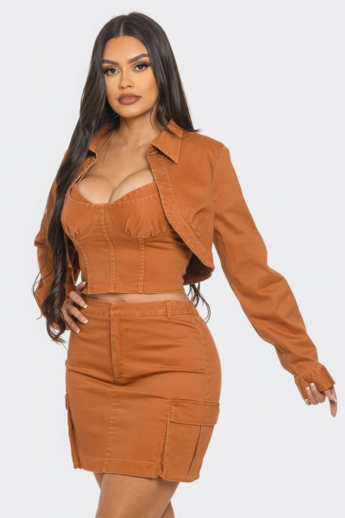 Women's 3 Piece Sexy Brown Mini Cargo Skirt Set with Faux Corset Top & Jacket