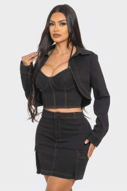 Women's 3 Piece Sexy Black Cargo Mini Skirt Set with Faux Corset Crop Top & Jacket