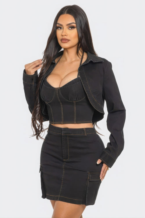Women's 3 Piece Sexy Black Cargo Mini Skirt Set with Faux Corset Crop Top & Jacket