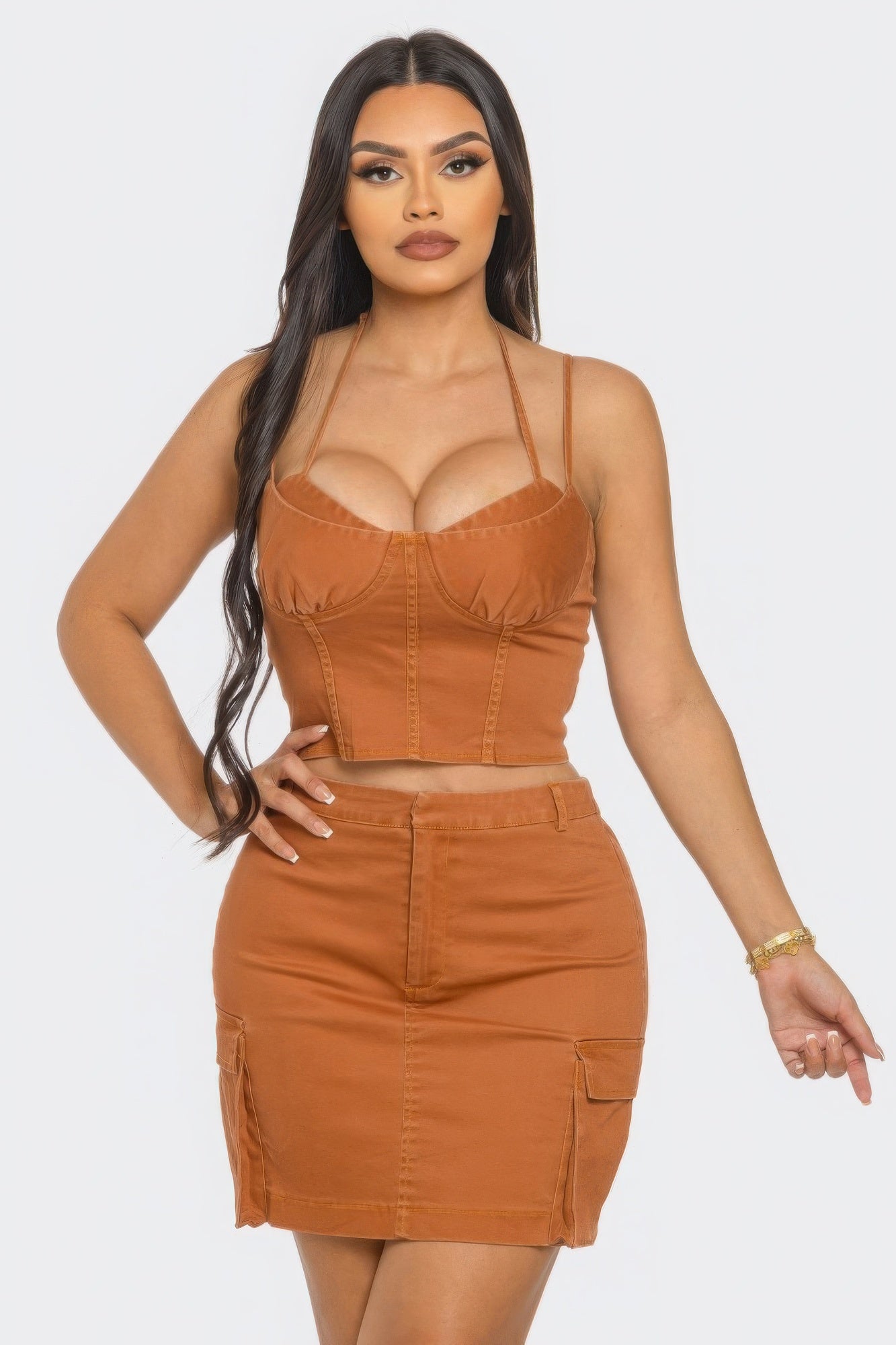 Women's 3 Piece Sexy Brown Mini Cargo Skirt Set with Faux Corset Top & Jacket