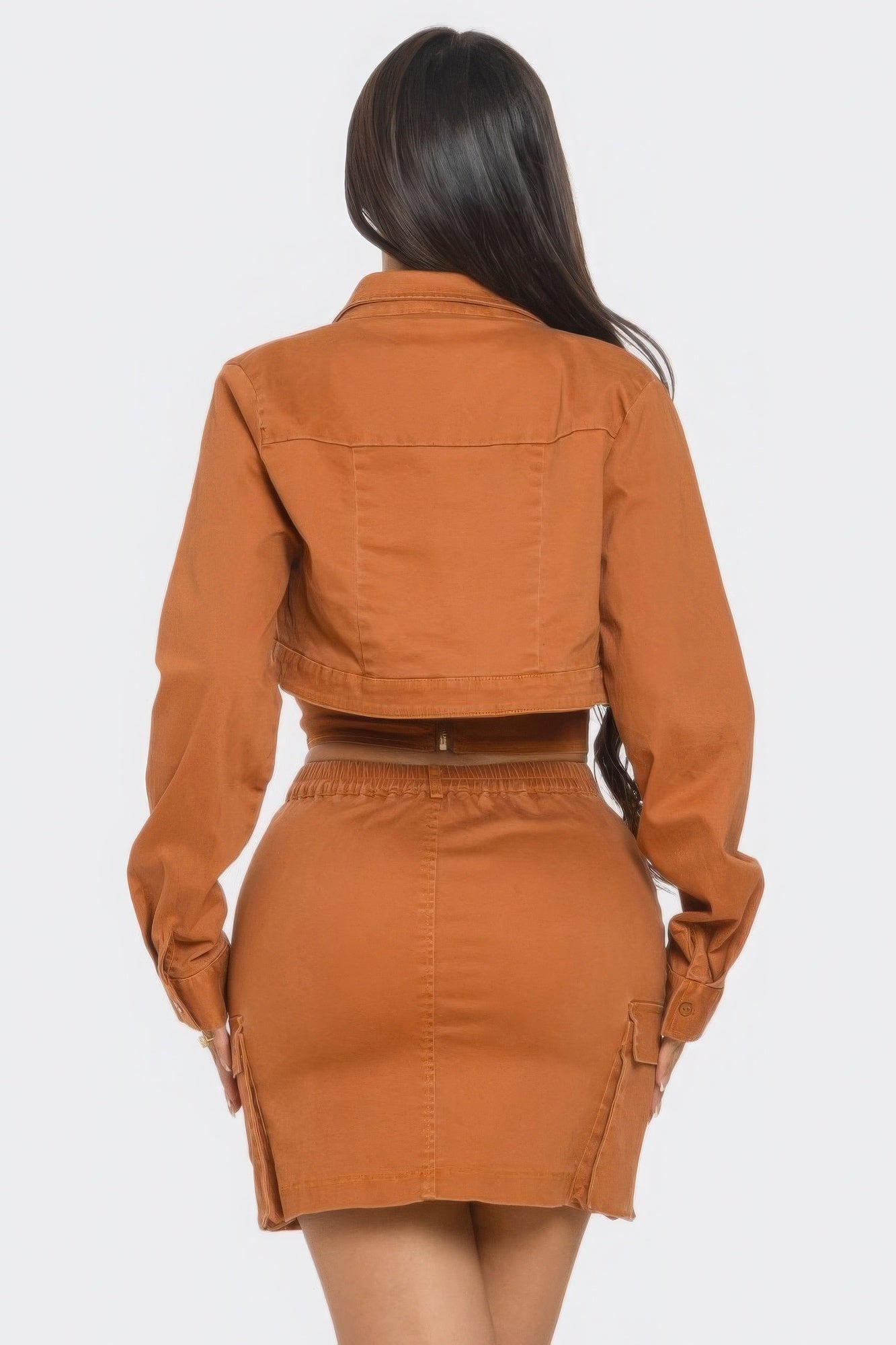 Women's 3 Piece Sexy Brown Mini Cargo Skirt Set with Faux Corset Top & Jacket