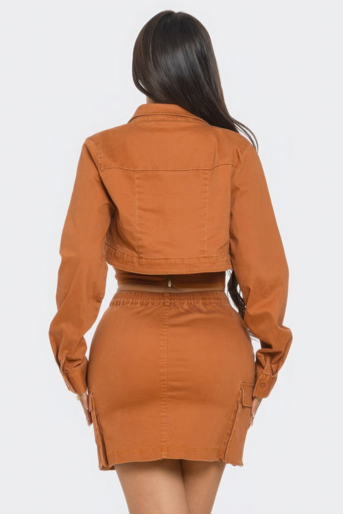 Women's 3 Piece Sexy Brown Mini Cargo Skirt Set with Faux Corset Top & Jacket