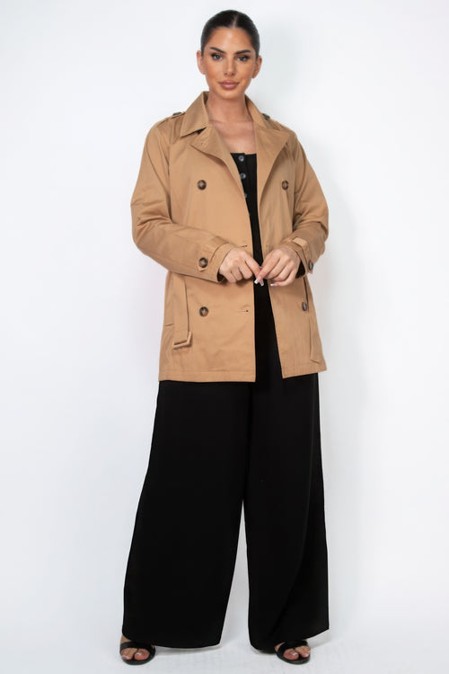 Camel Double-breasted Notch Belted Coat