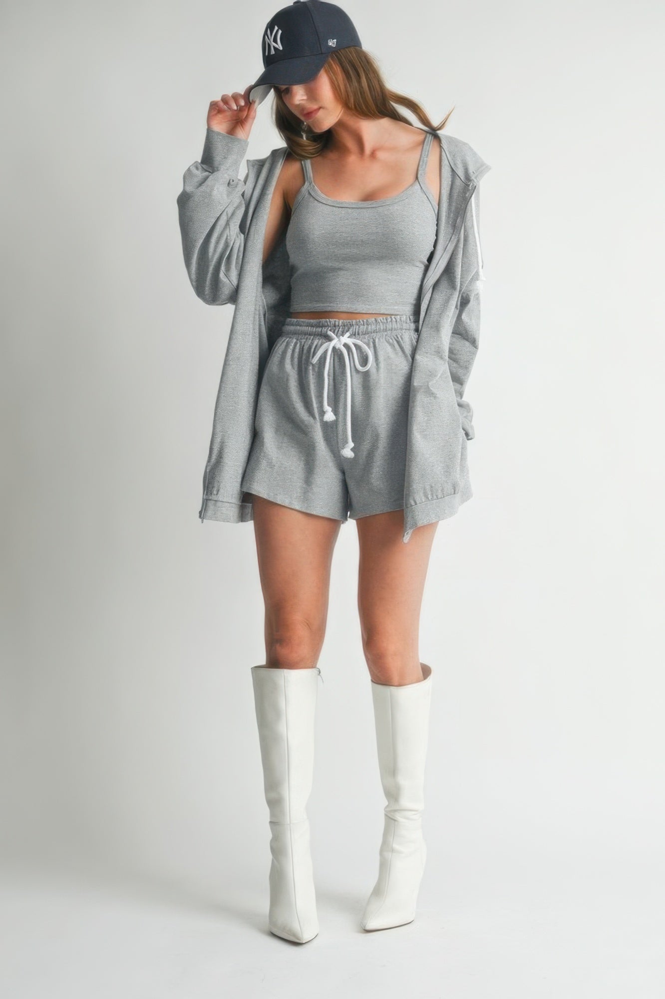 Women's 3 Piece Hooded Sweater Set with Crop Top & Short
