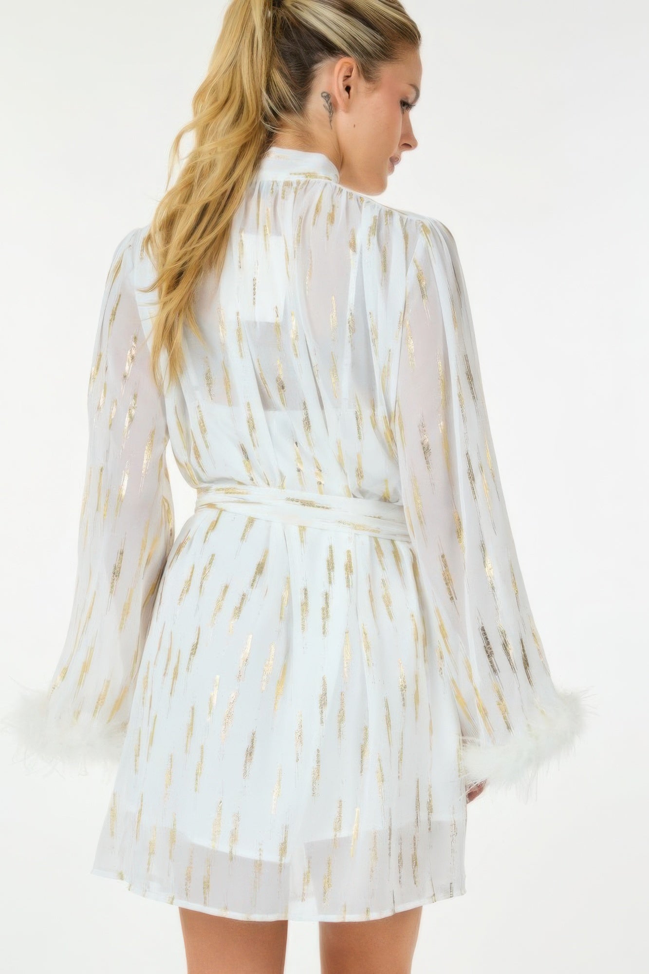 White with Gold Metallic Print Short Dress with Neckline Tie